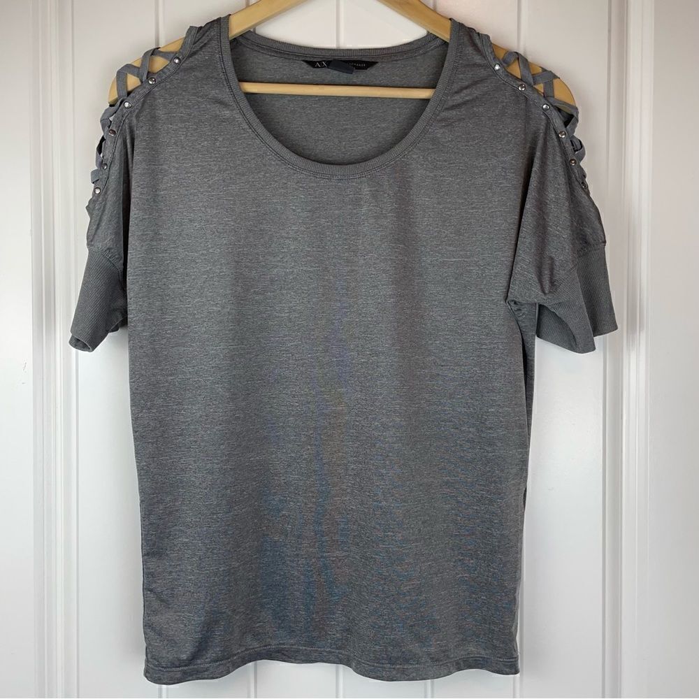 Armani Exchange grey short sleeved cold shoulder lace up sleeves blouse (0388)